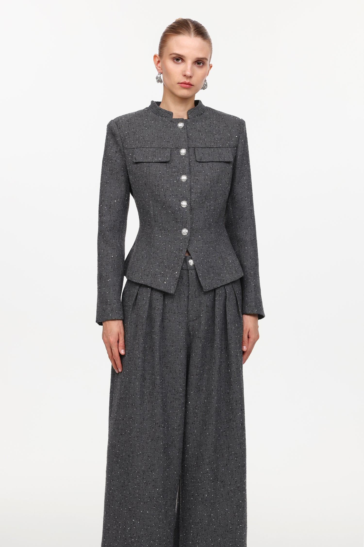 Jye Classic Tailored Long Sleeve Rhinestone Woven Blazer And Pants Two-Piece Set