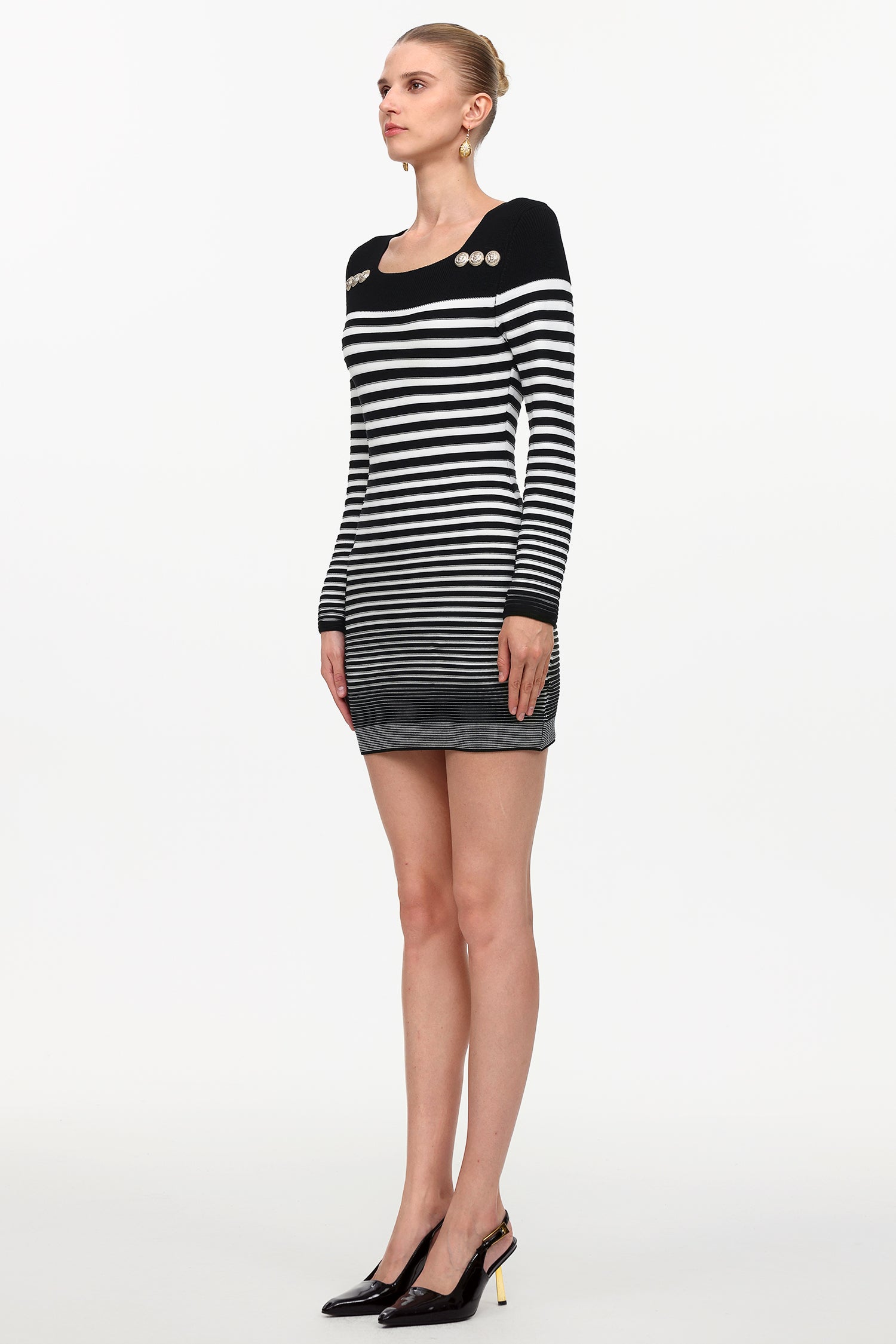 Irene Elegant Contour Long Sleeve Metal Button Stripe Knit Mini Dress