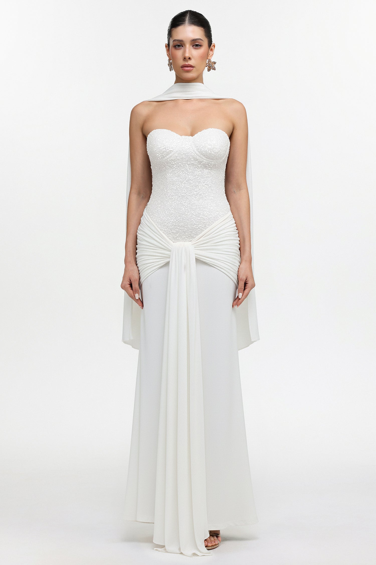 Sharlot Elegant Contour Strapless sequin Draped Knit White Maxi Dress