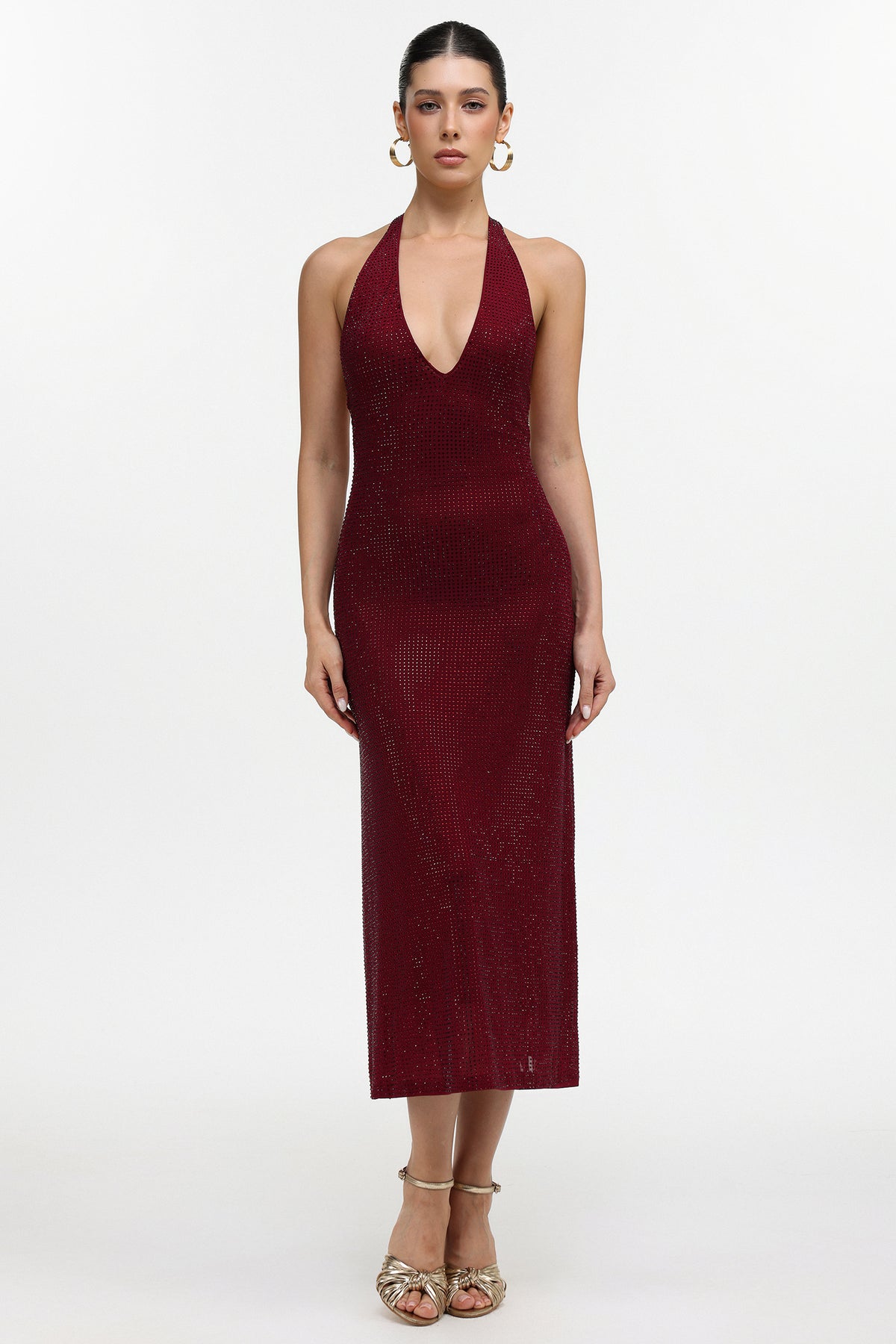 Liaci Romantic Contour Halter Crystal Maxi Dress