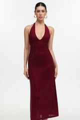 Liaci Romantic Contour Halter Crystal Maxi Dress