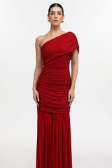 Naida Elegant Contour One Shoulder Ruched Crystal Maxi Dress