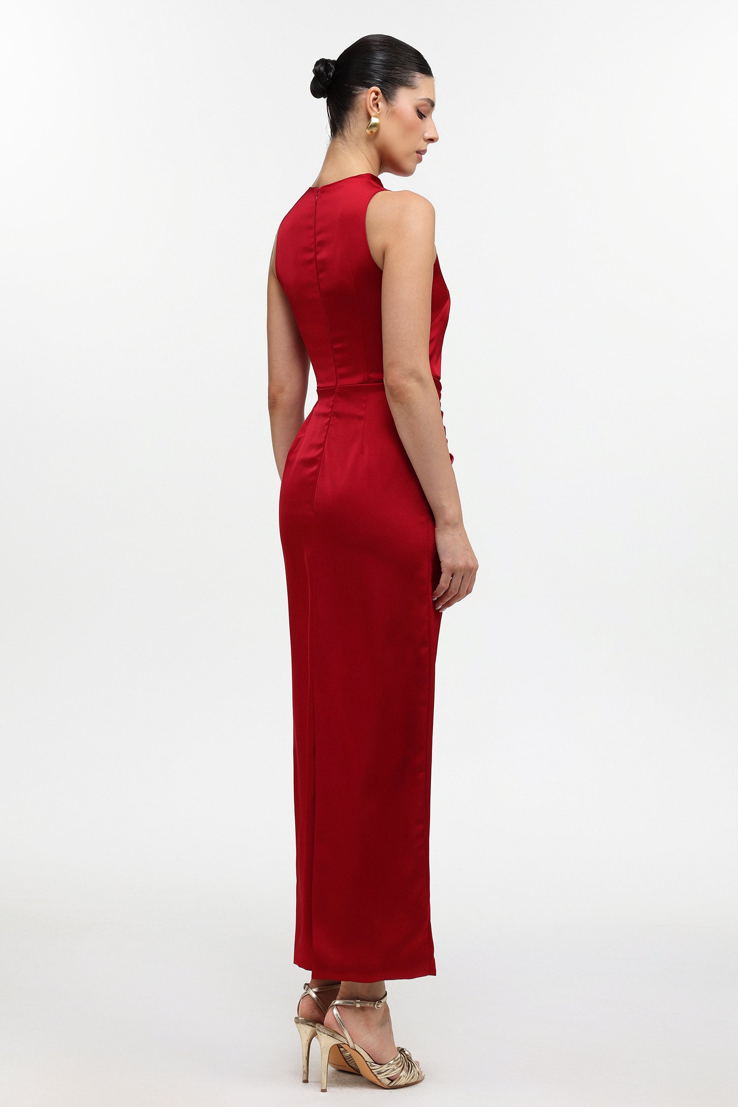 Tyler Elegant Tailored Sleeveless Pleated Satin Maxi Dress