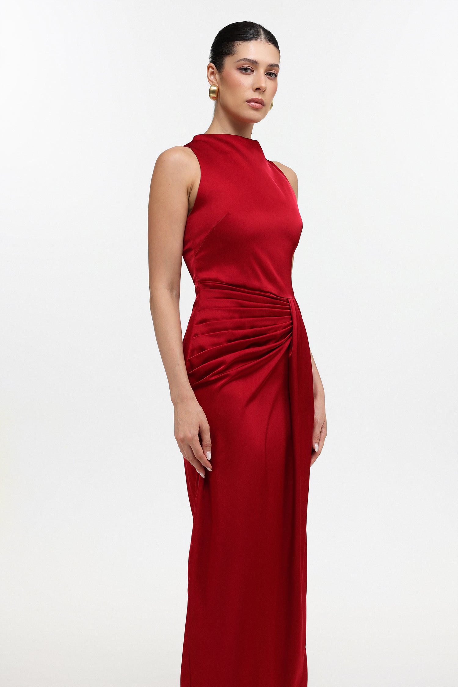 Tyler Elegant Tailored Sleeveless Pleated Satin Maxi Dress