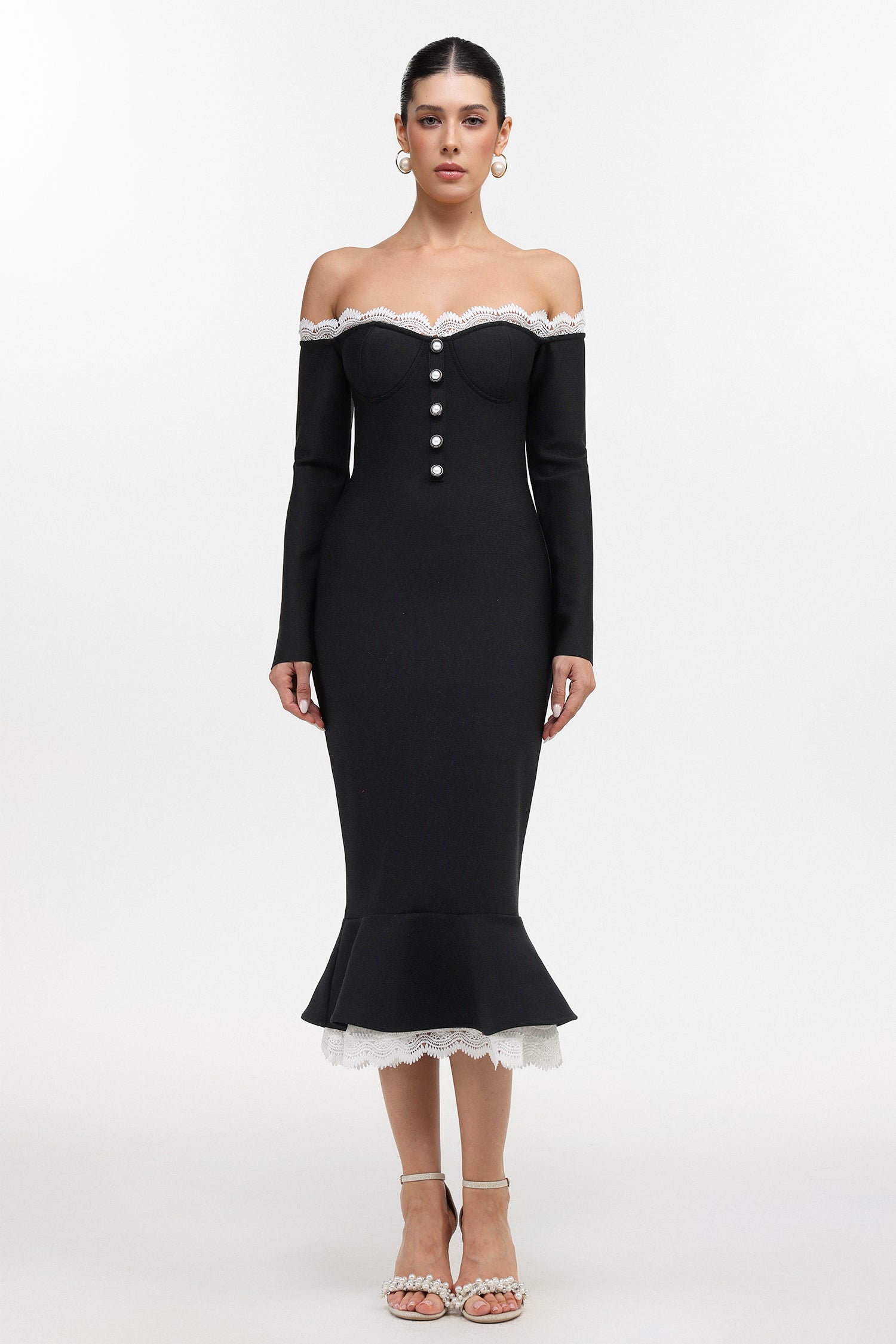 Lousia Romantic Contour Off Shoulder Button Front Lace Trim Bandage Midi Dress