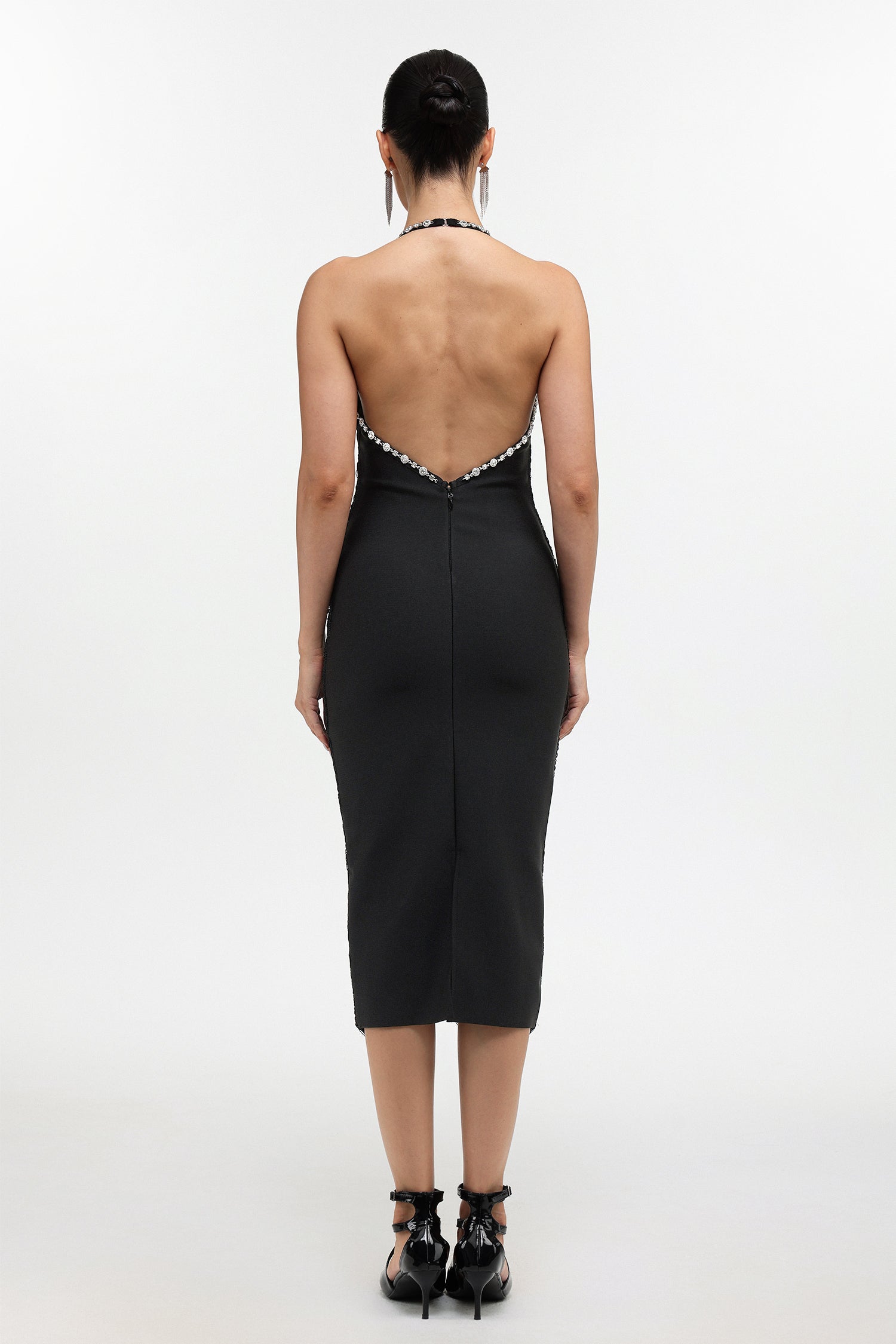 Telka Chic Contour V Neck Fringe Rhinestone Bandage Midi Dress