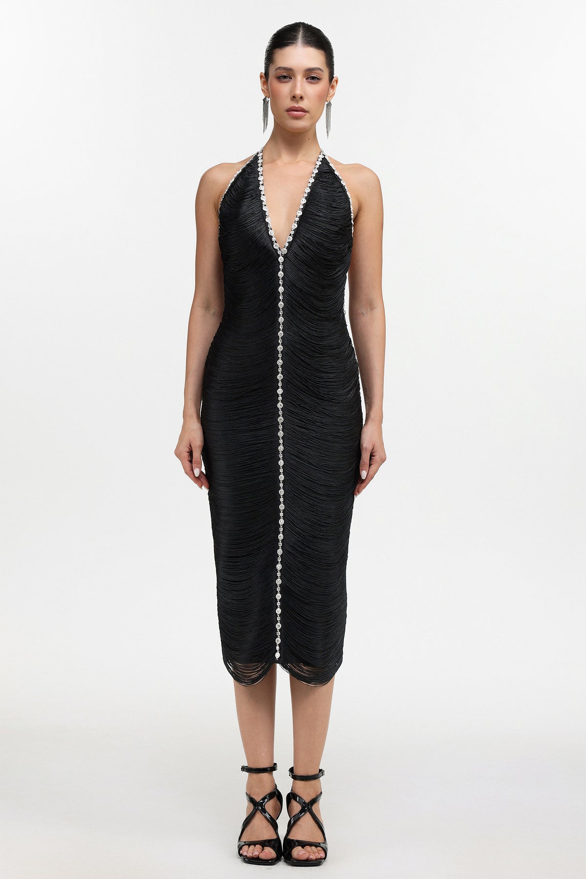 Telka Chic Contour V Neck Fringe Rhinestone Bandage Midi Dress