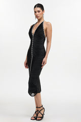 Telka Chic Contour V Neck Fringe Rhinestone Bandage Midi Dress