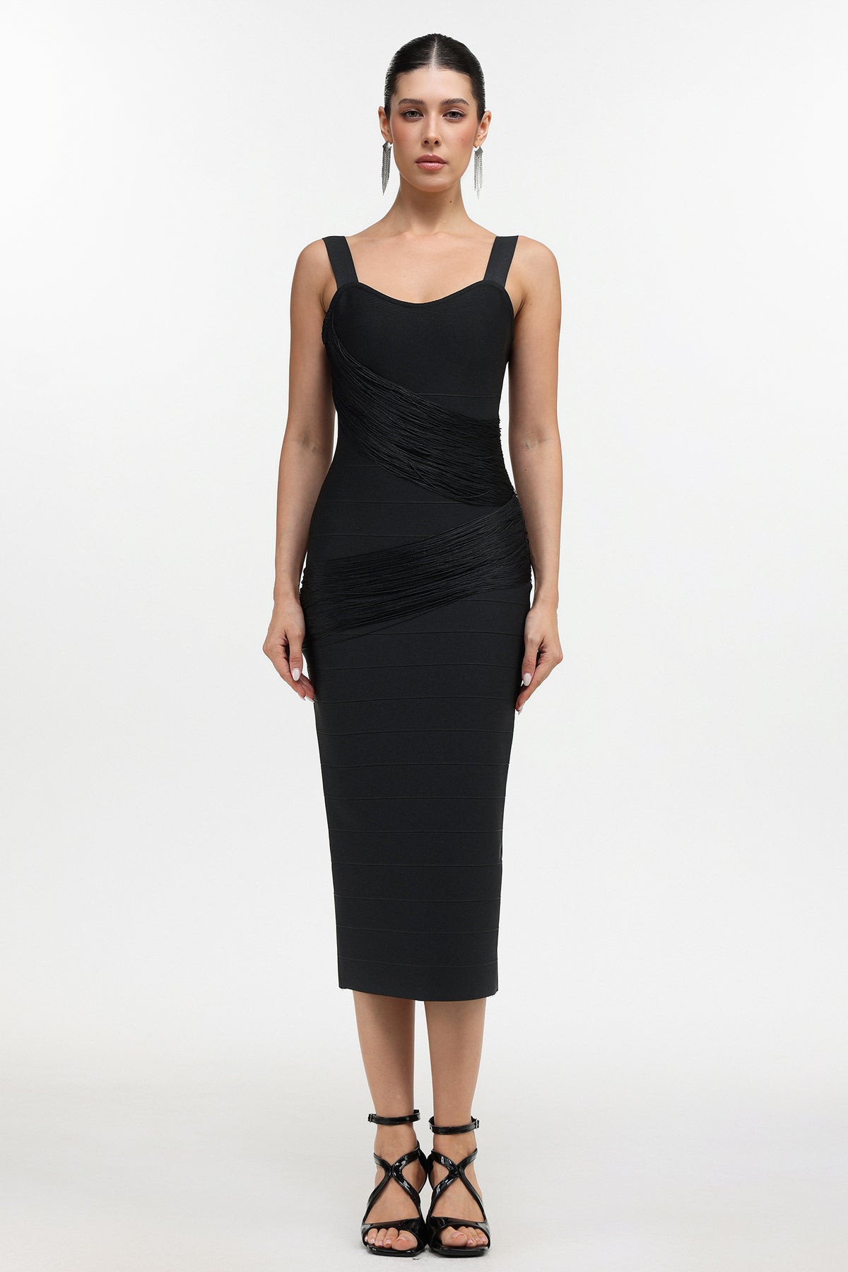 Dasaka Classic Contour Sleeveless Fringe Bandage Maxi Dress