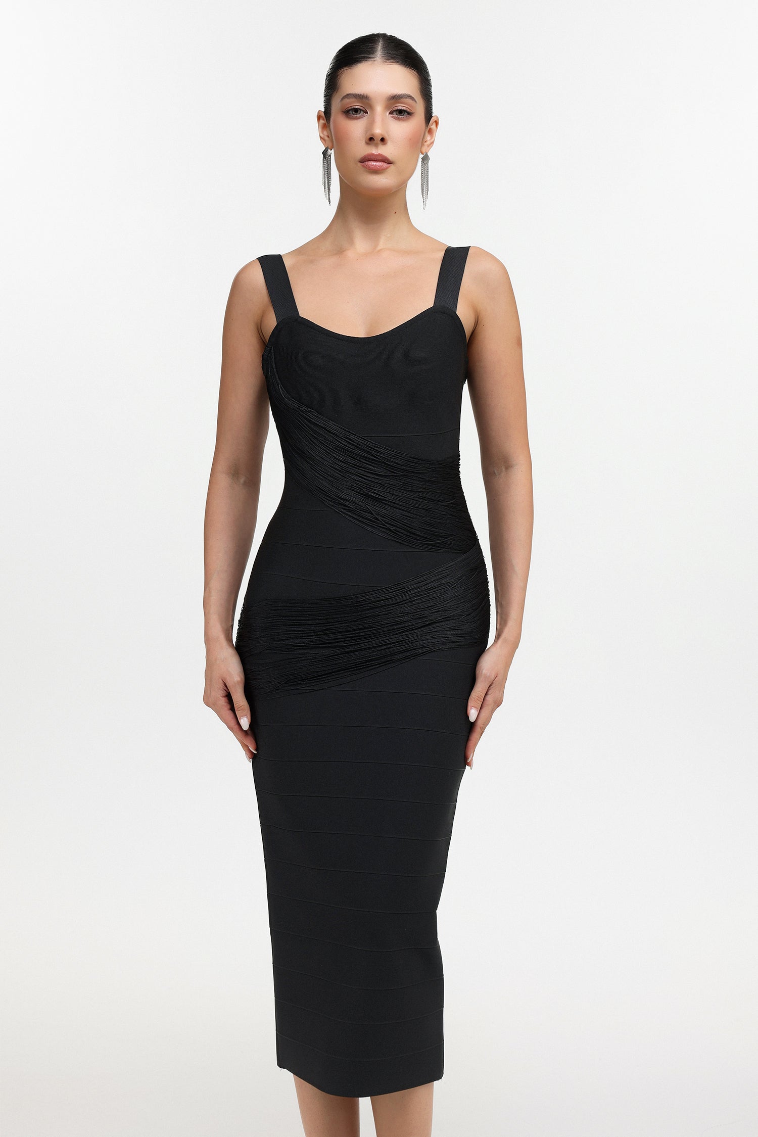 Dasaka Classic Contour Sleeveless Fringe Bandage Maxi Dress