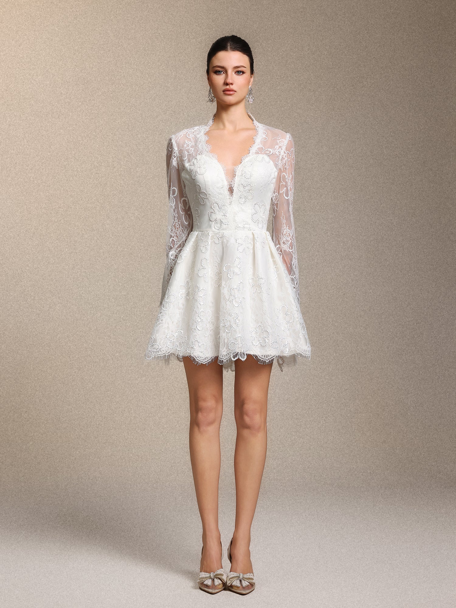 Irare Romantic V Neck Long Sleeve Cinched Waist White Lace Mini Dress