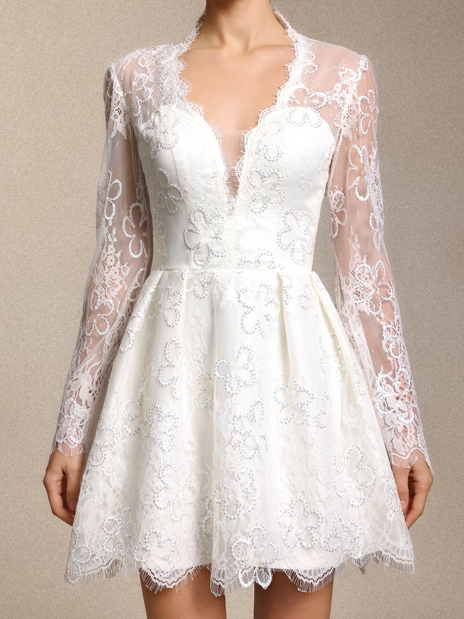 Irare Romantic V Neck Long Sleeve Cinched Waist White Lace Mini Dress