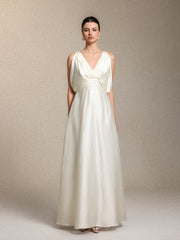 Heleza Elegant V Neck Curve-enhancing Ruched Beige Satin Maxi Dress