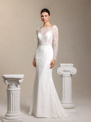 Myla Boho Tailored Open Back White Lace Train Maxi Wedding Dress
