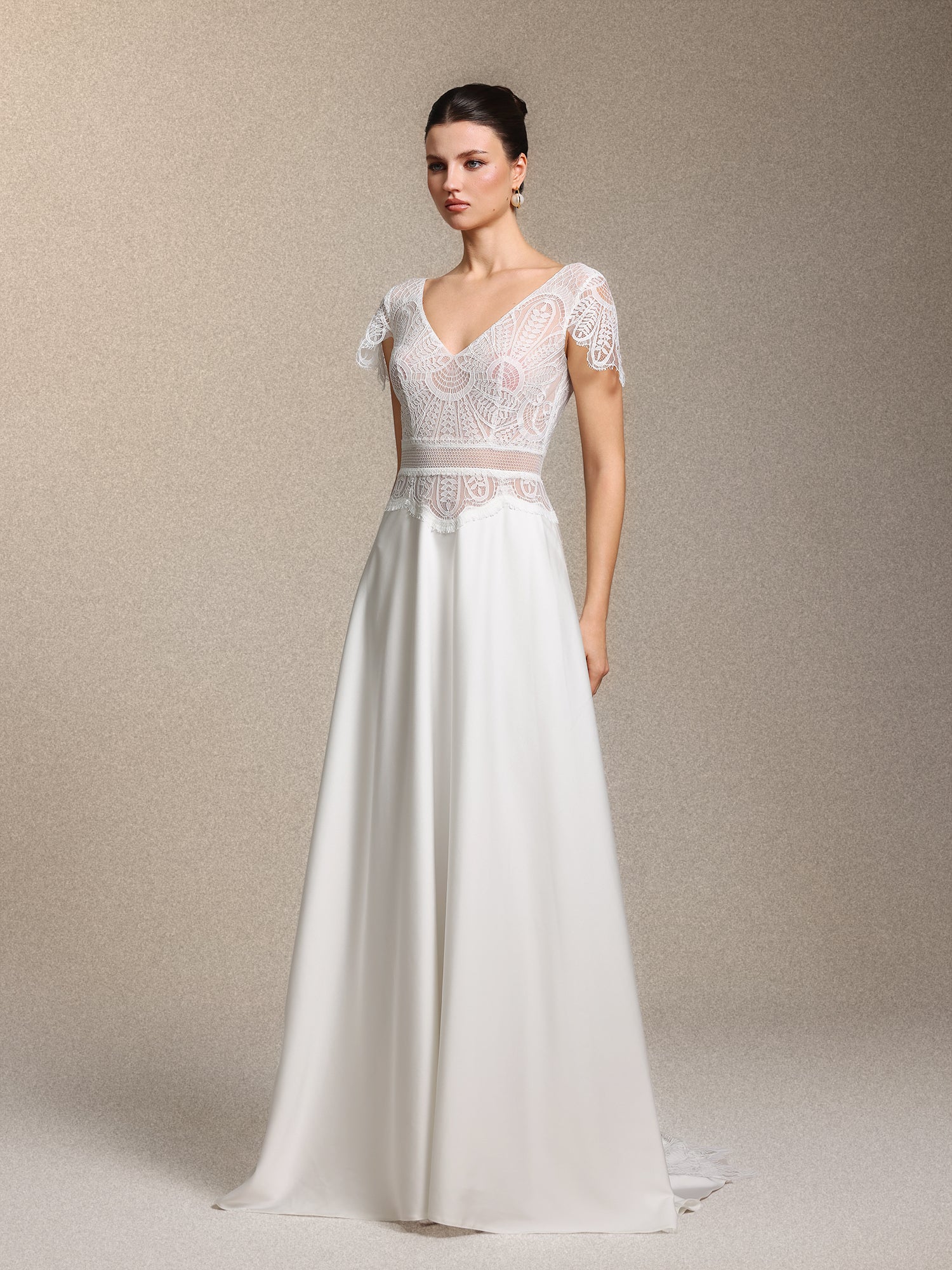 Naira Boho V Neck Cinched Waist White Lace Satin Maxi Wedding Gown