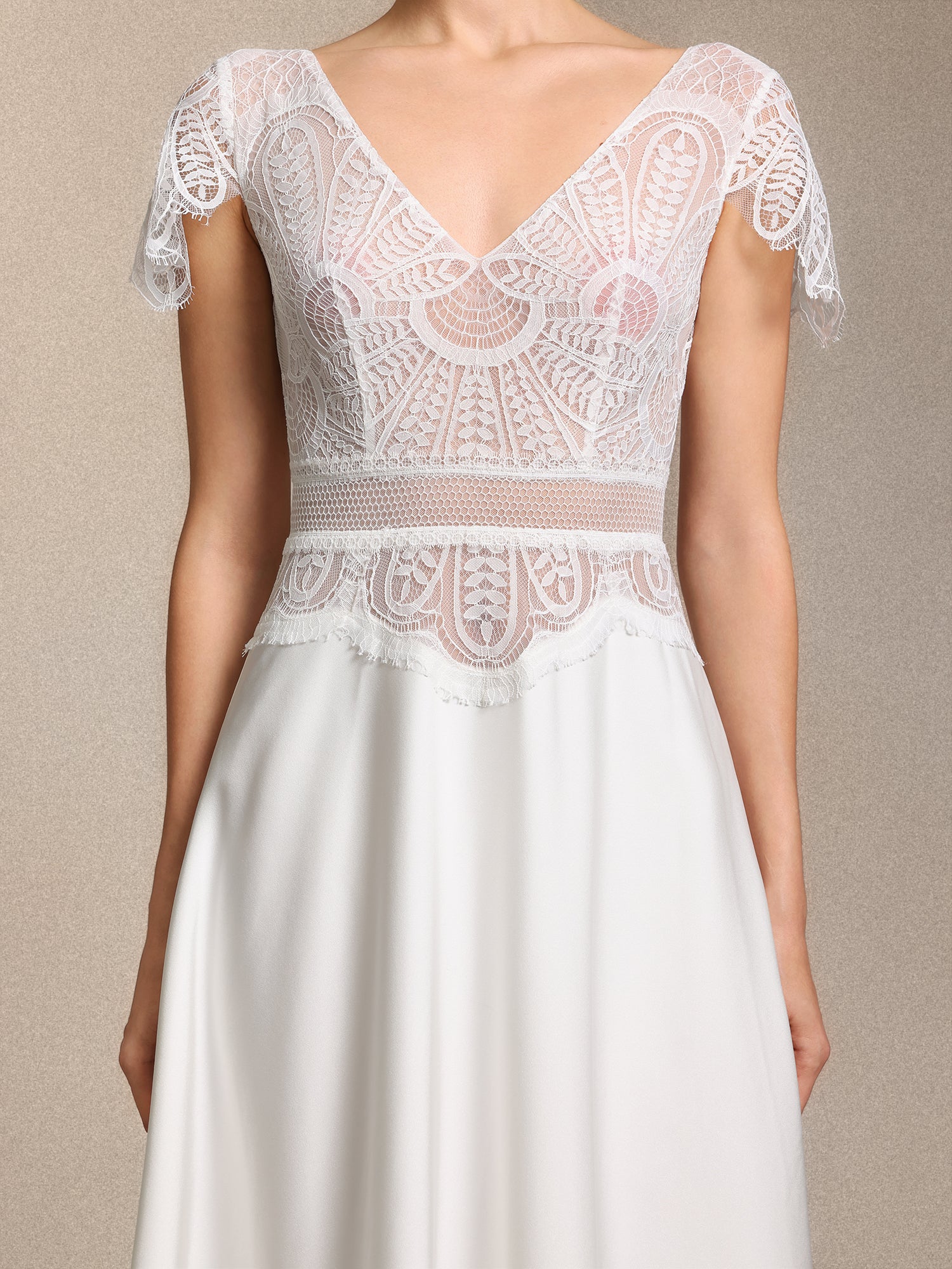 Naira Boho V Neck Cinched Waist White Lace Satin Maxi Wedding Gown