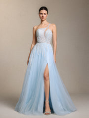 Zavan Glamorous One Shoulder Sleeve Cinched Waist Beaded Appliques Blue Maxi Dress