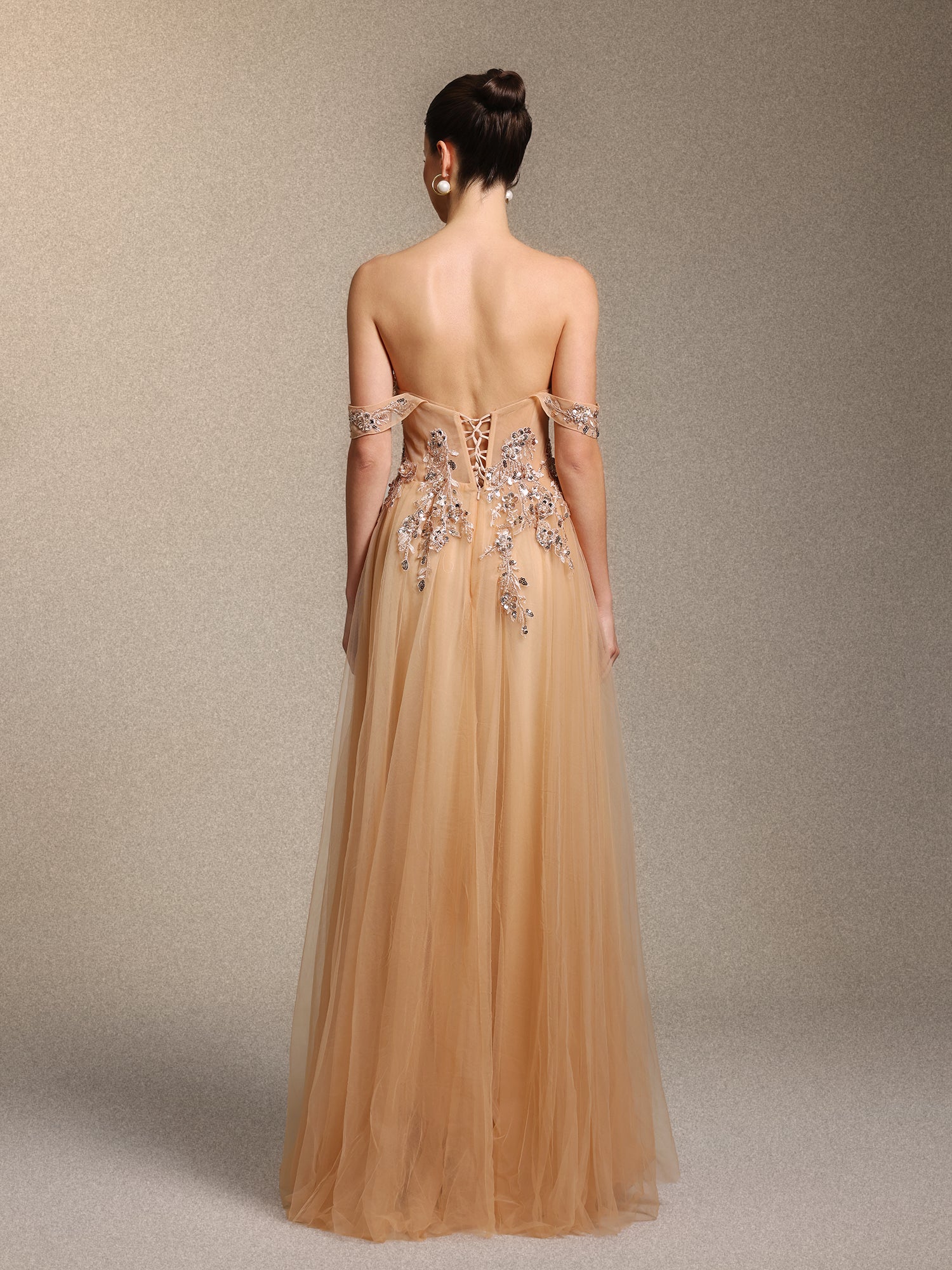 Krystal Chic Cinched Waist Off Shoulder Sequin Floral Applique Tulle Maxi Dress