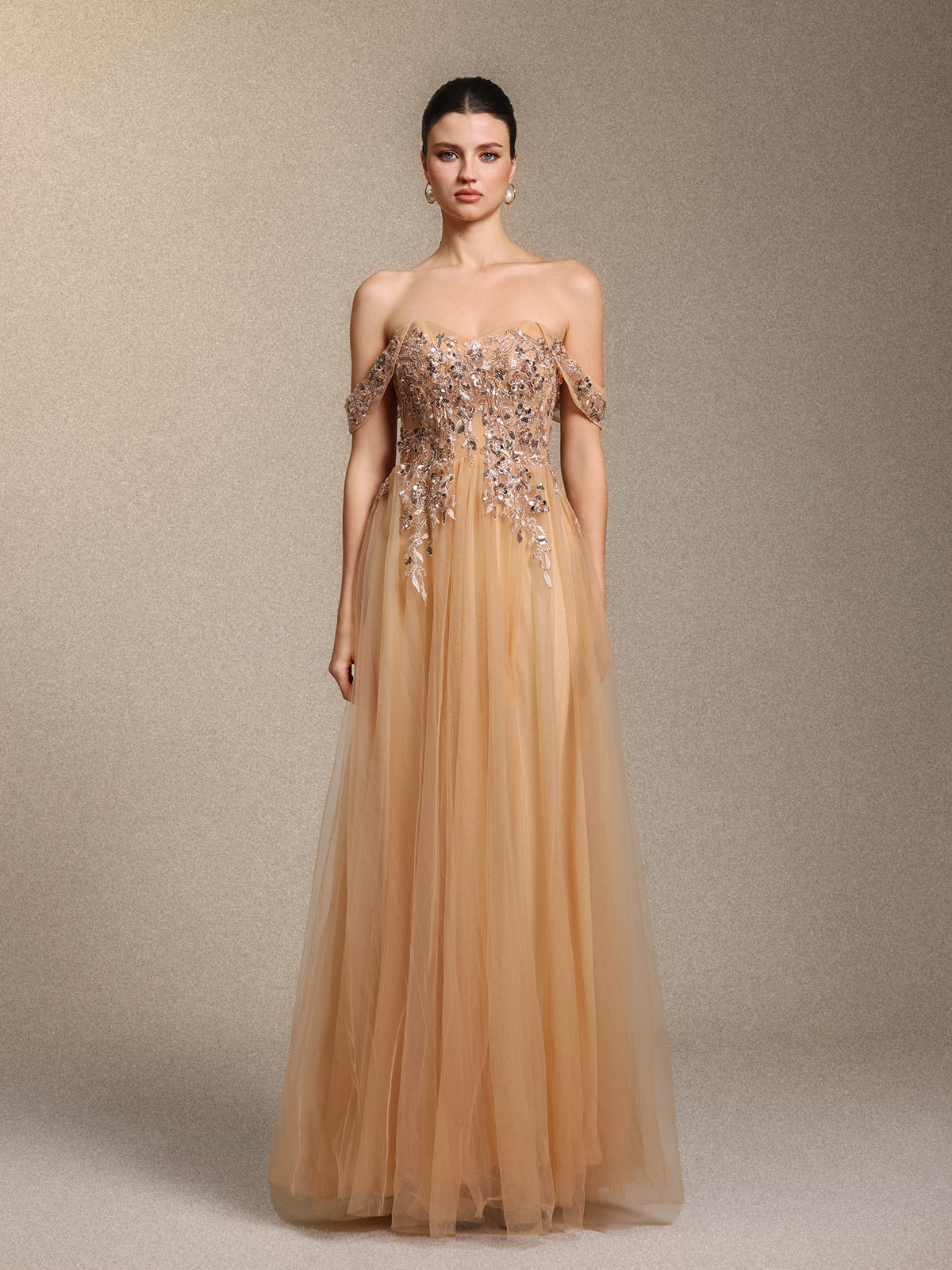 Krystal Chic Cinched Waist Off Shoulder Sequin Floral Applique Tulle Maxi Dress