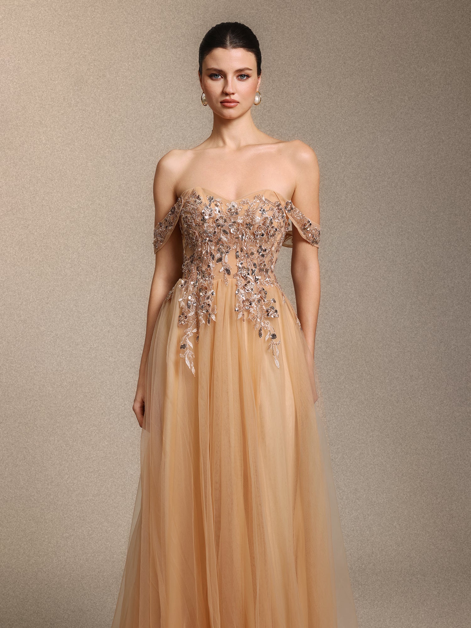 Krystal Chic Cinched Waist Off Shoulder Sequin Floral Applique Tulle Maxi Dress