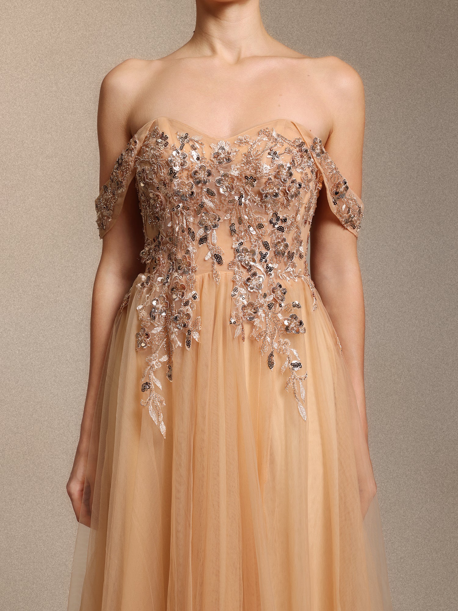 Krystal Chic Cinched Waist Off Shoulder Sequin Floral Applique Tulle Maxi Dress