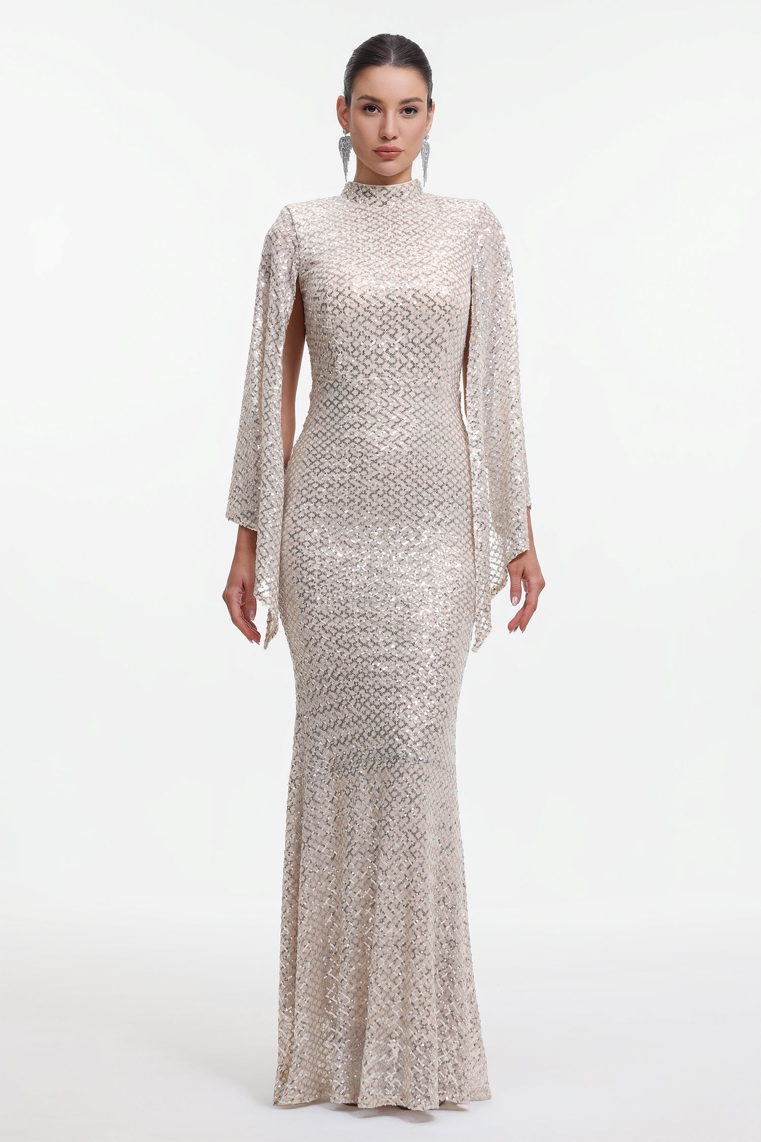 Euen Elegant Contour Cape Sleeve Sequin Maxi Dress