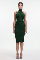 Derya Elegant Contour Halter Mesh Bandage Midi Dress
