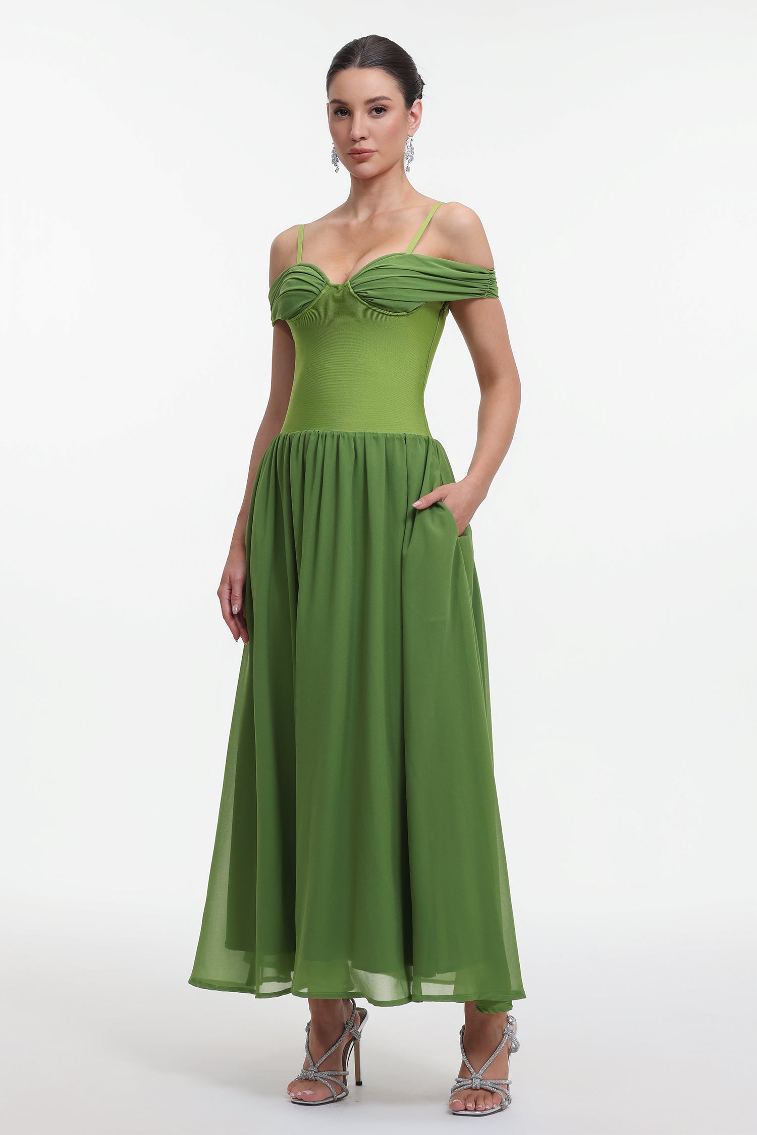 Selma Classic Contour Off Shoulder Ruched Bandage Maxi Dress