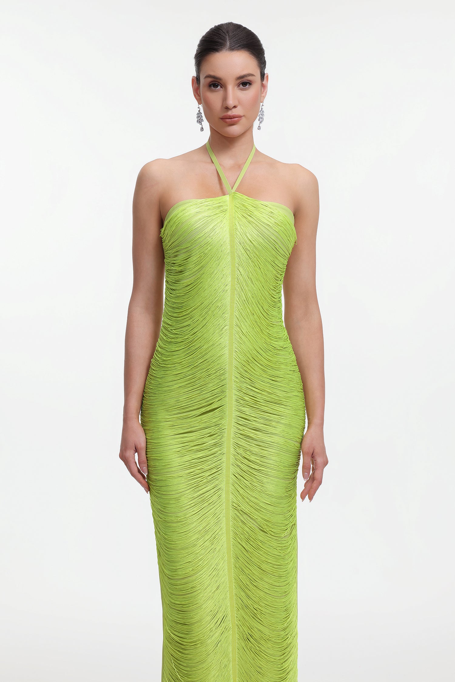 Jozie Classic Contour Halter Fringe Green Maxi Dress