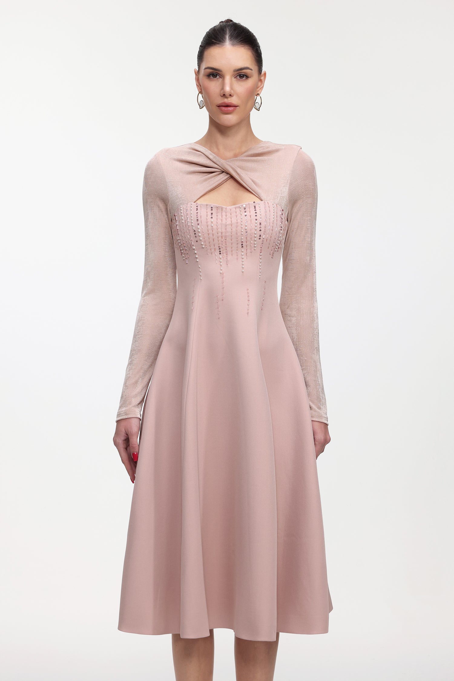 Liama Elegant Tailored Long Sleeve Crystal Woven Maxi Dress