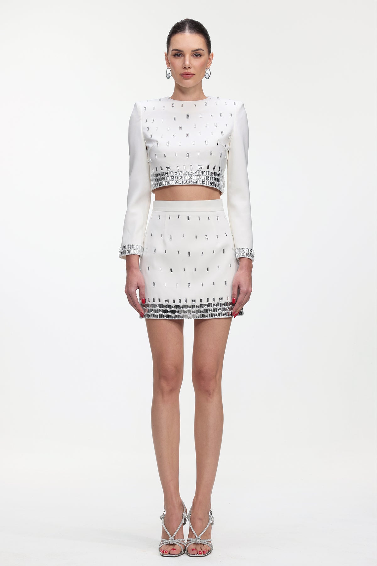 Derlyn Glamorous Tailored Long Sleeve Rhinestone Top and Skirt Set