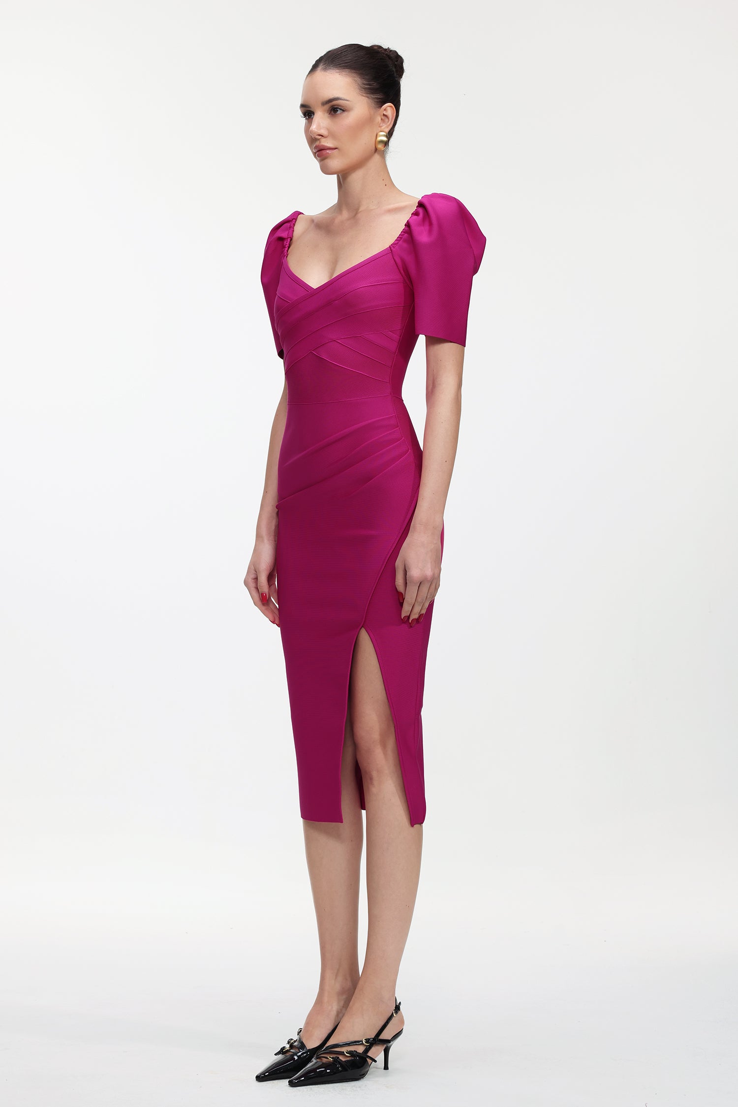 Tadeo Classic Contour Short Sleeve Bandage Rose Pink Midi Dress