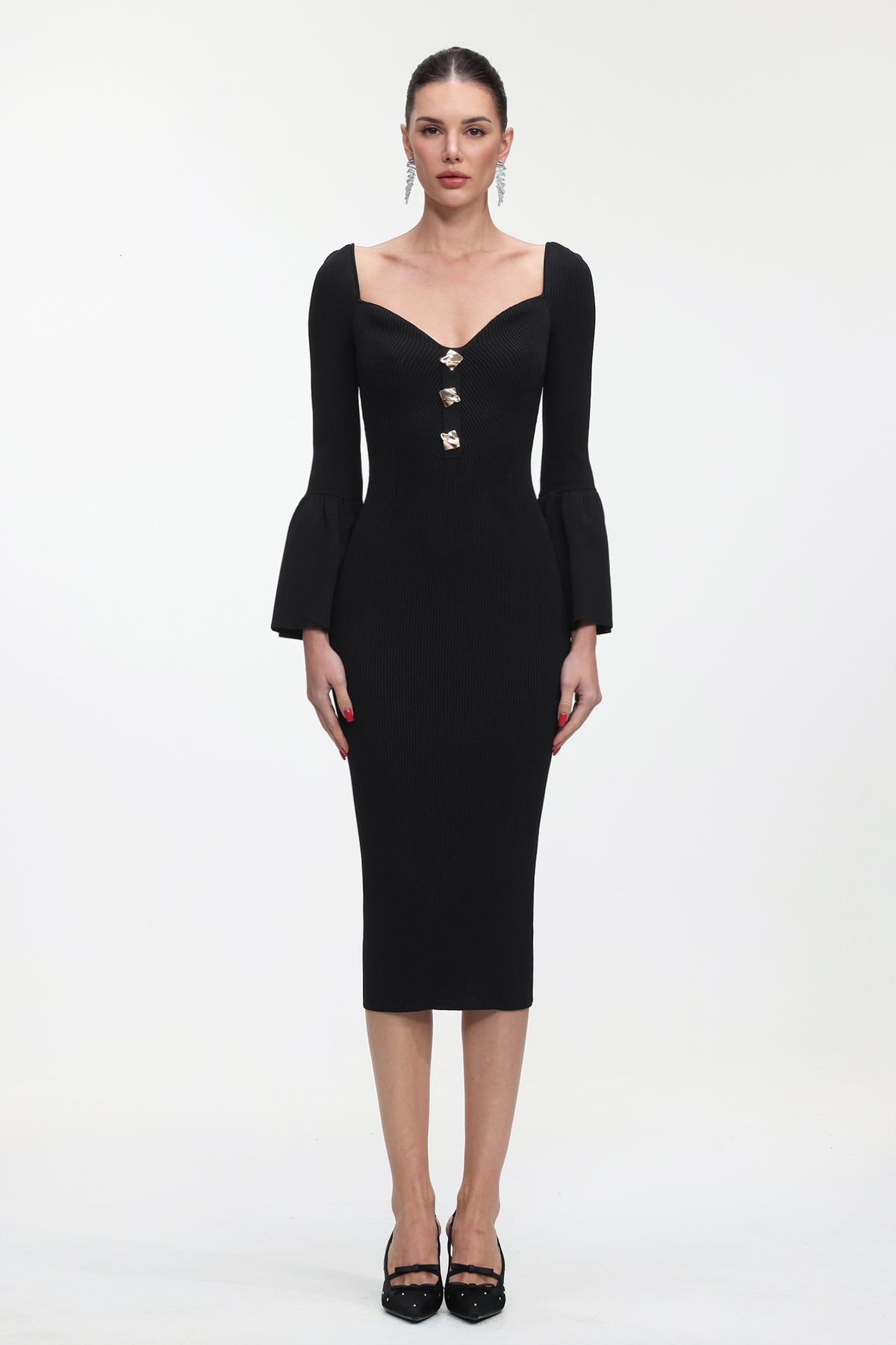 Salla Classic Contour Long Sleeve Gold Button Knit Maxi Dress
