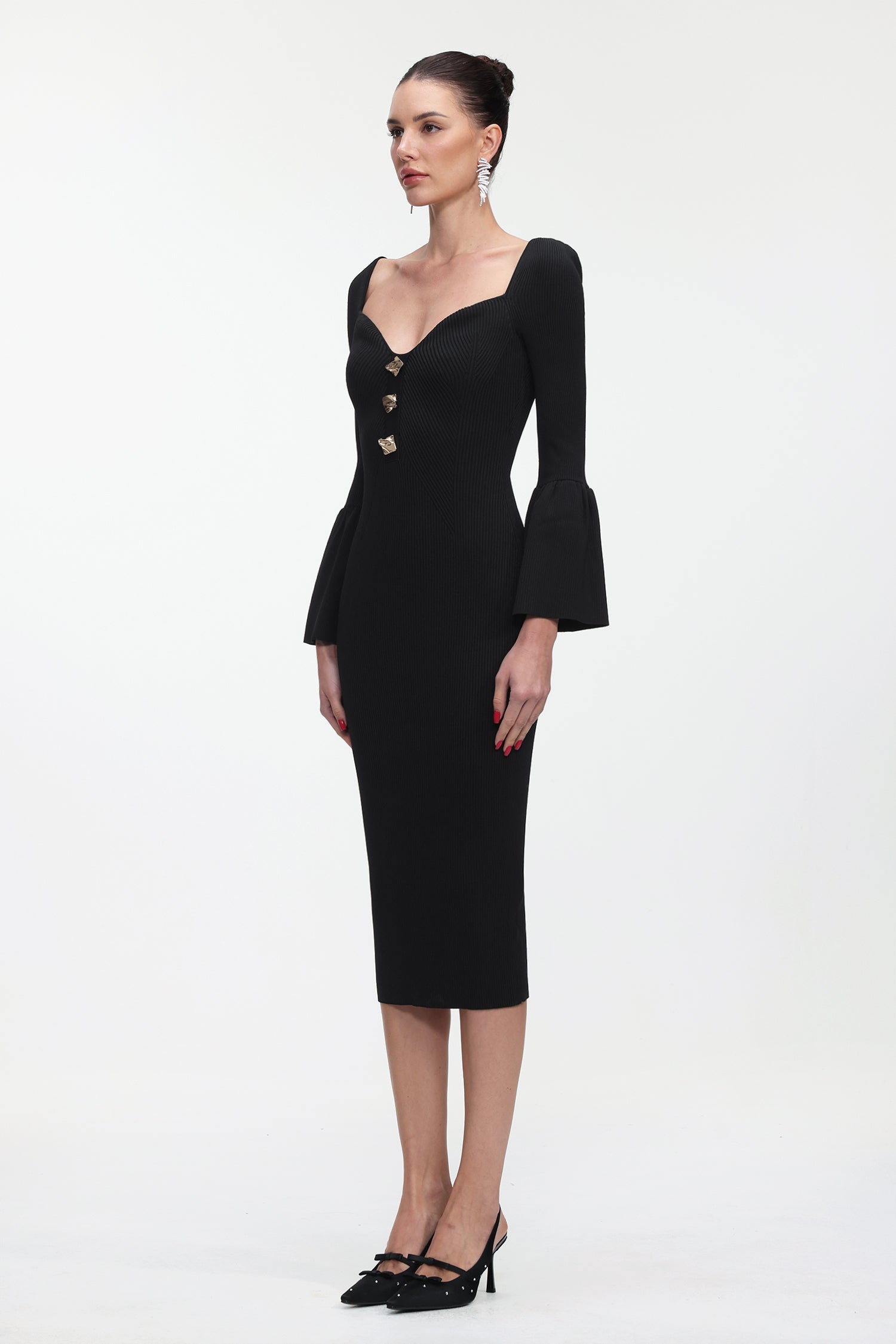 Salla Classic Contour Long Sleeve Gold Button Knit Maxi Dress