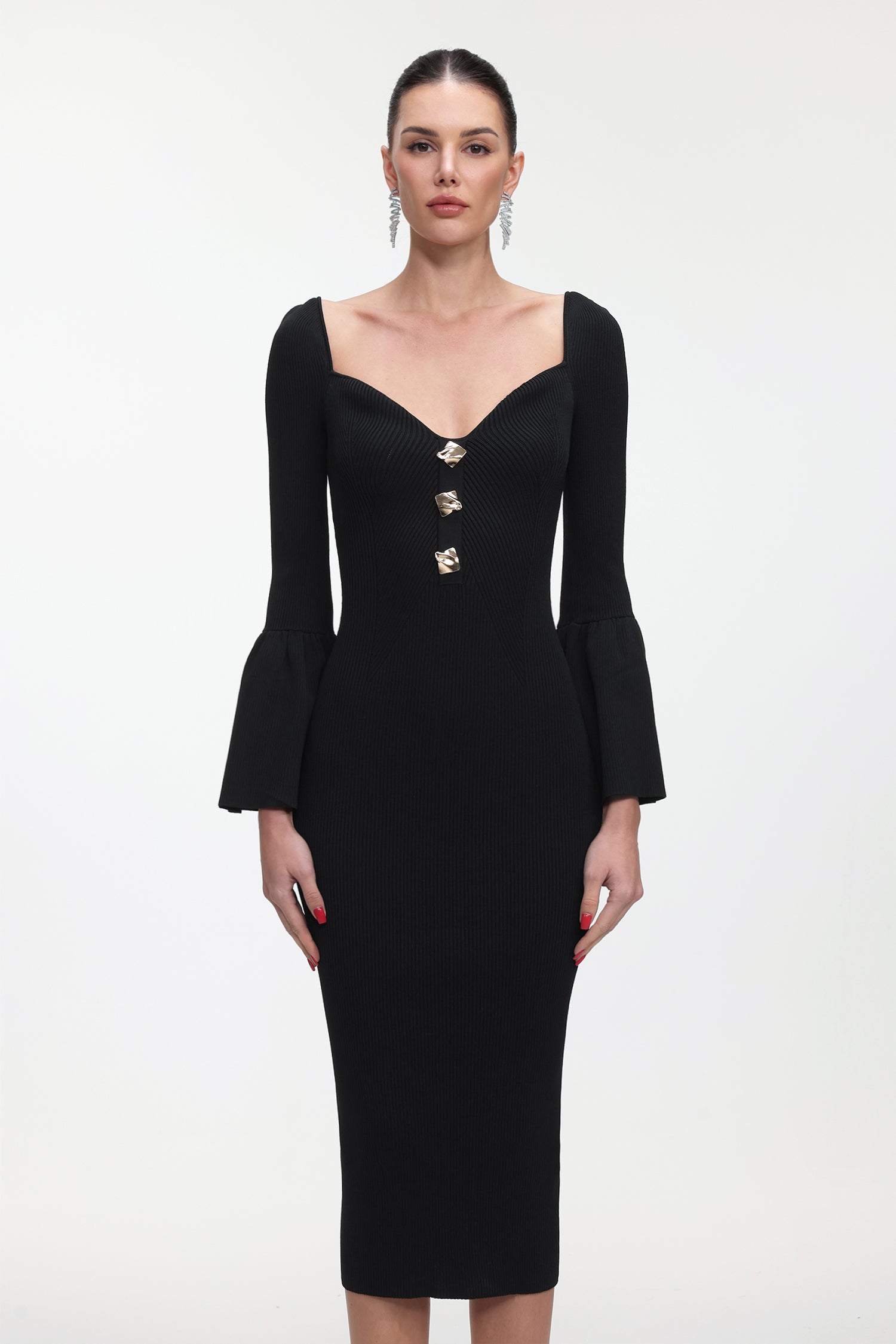 Salla Classic Contour Long Sleeve Gold Button Knit Maxi Dress