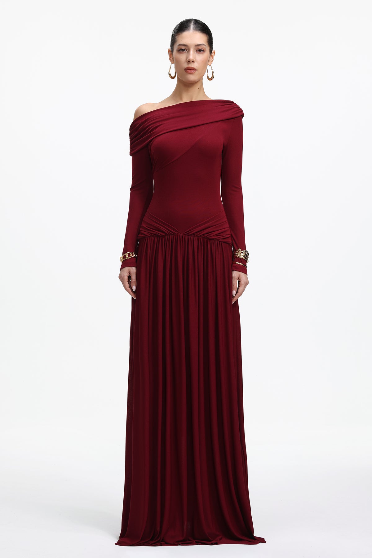 Lala Elegant Contour Off Shoulder Long Sleeve Ruched Knit Maxi Dress