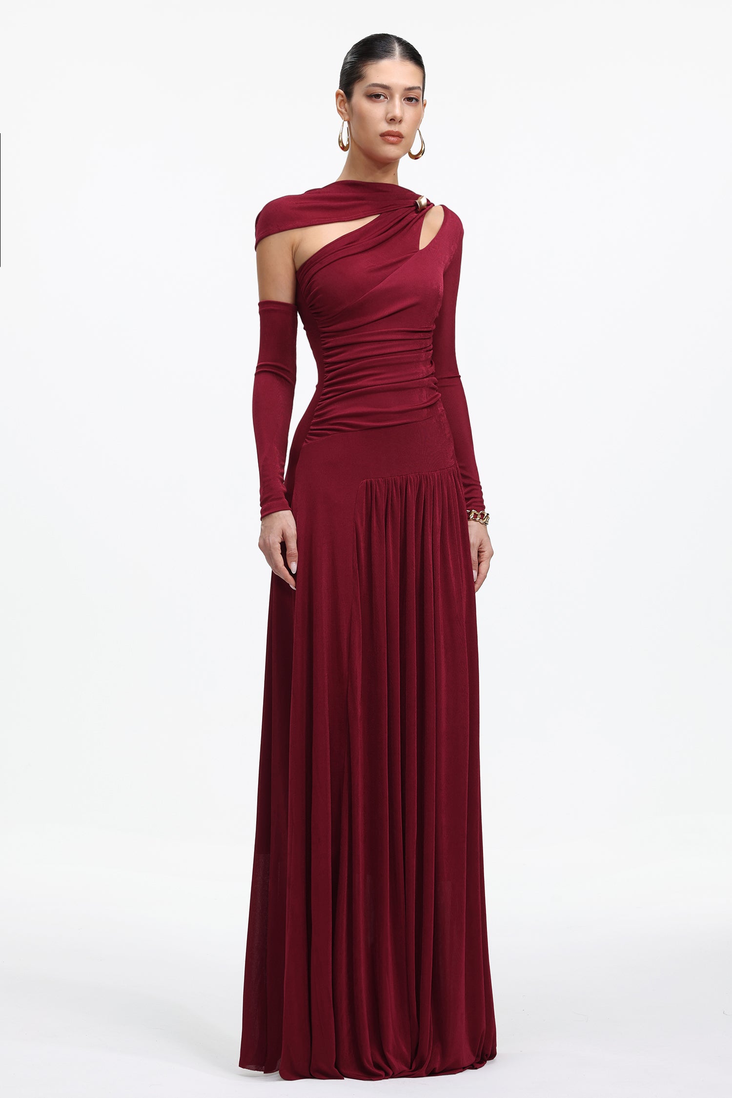 Yetta Elegant Contour Long Sleeve Cut Out Ruched Knit Maxi Dress