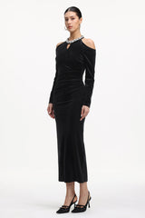 Dolcie Elegant Tailored Long Sleeve Cut Out Rhinestone Velvet Maxi Dress