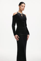 Dolcie Elegant Tailored Long Sleeve Cut Out Rhinestone Velvet Maxi Dress