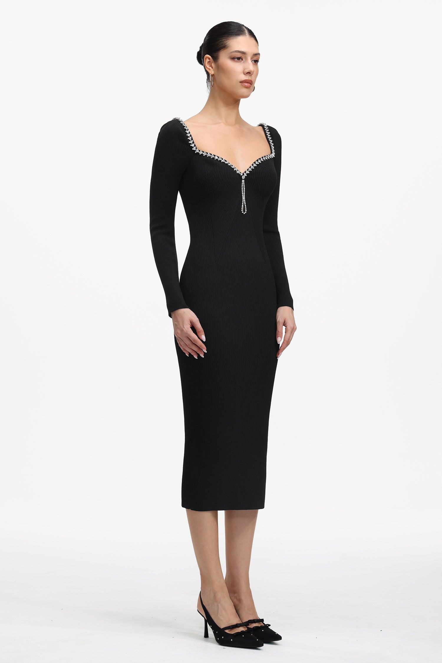 Dazie Classic Contour Long Sleeve Rhinestone Knit Maxi Dress