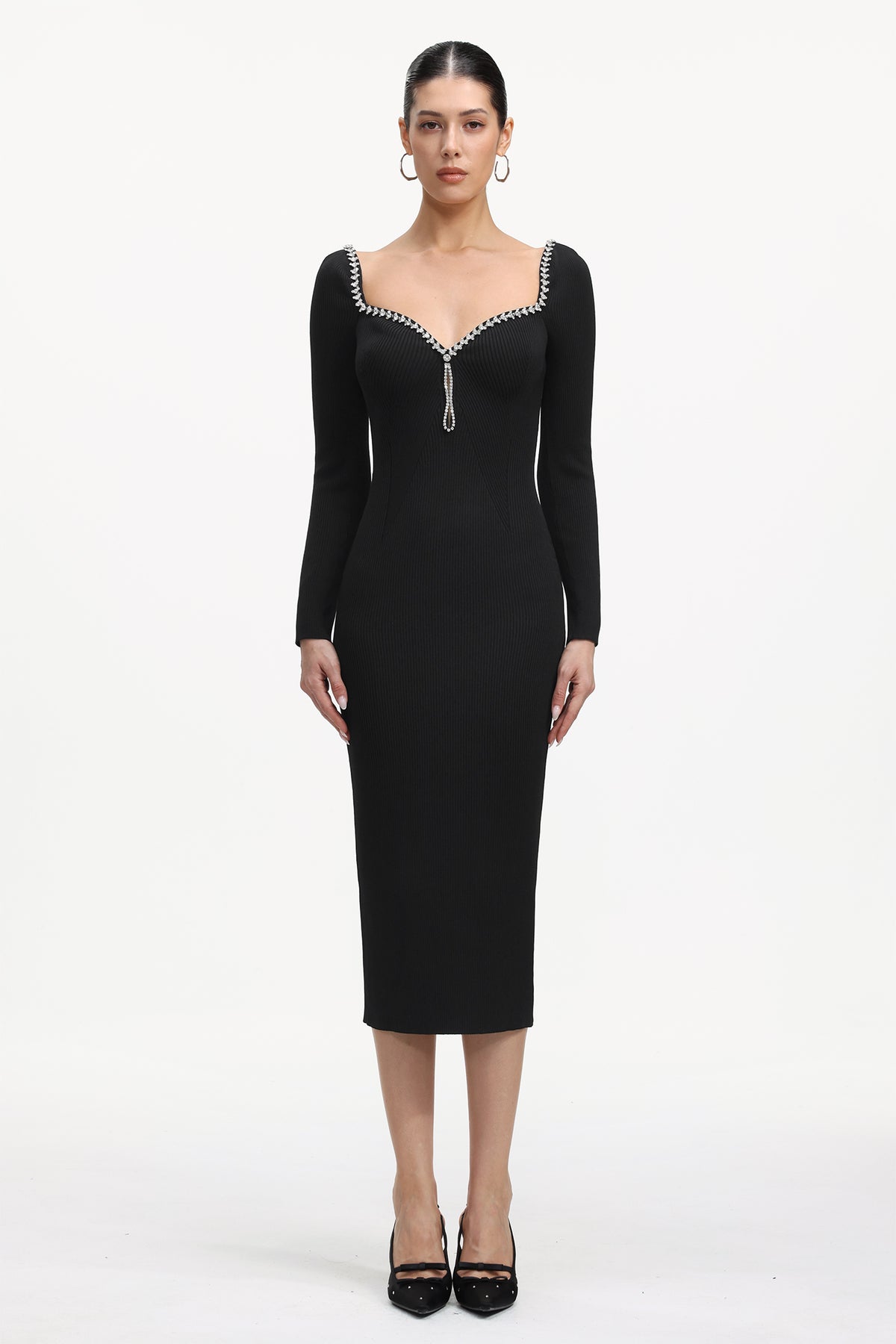 Dazie Classic Contour Long Sleeve Rhinestone Knit Maxi Dress