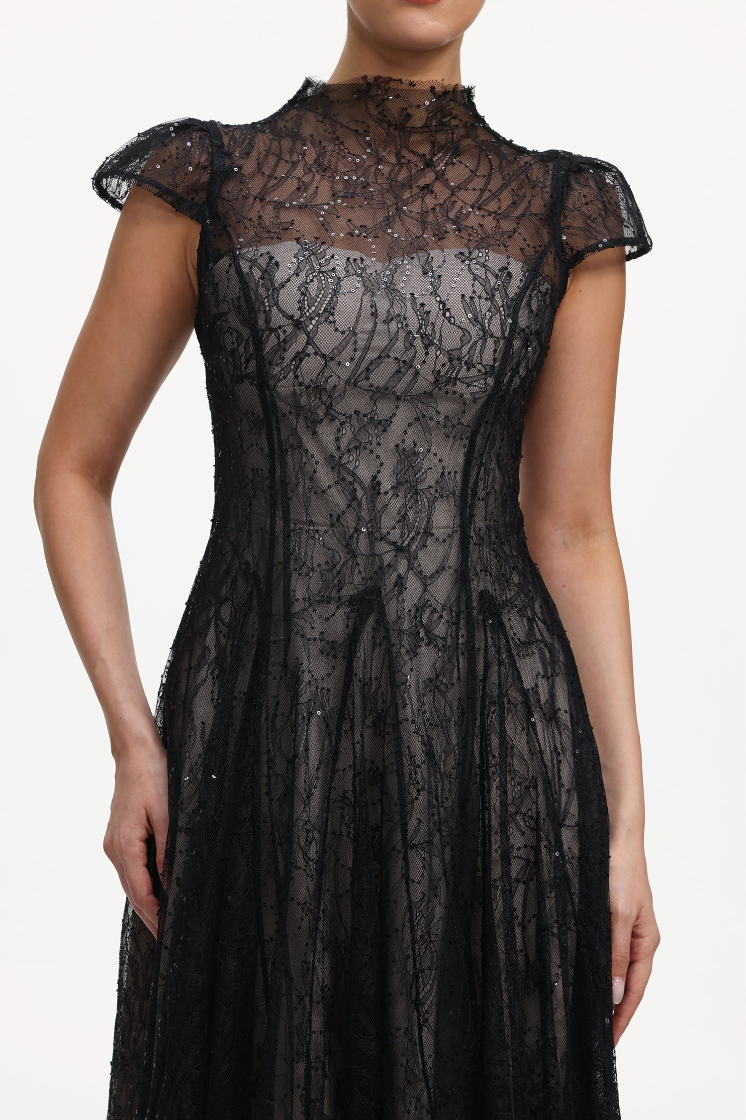 Vanina Elegant Flowy Sequin Lace Maxi Dress