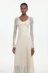Katya Romantic Contour Long Sleeve Bow Lace White Maxi Dress