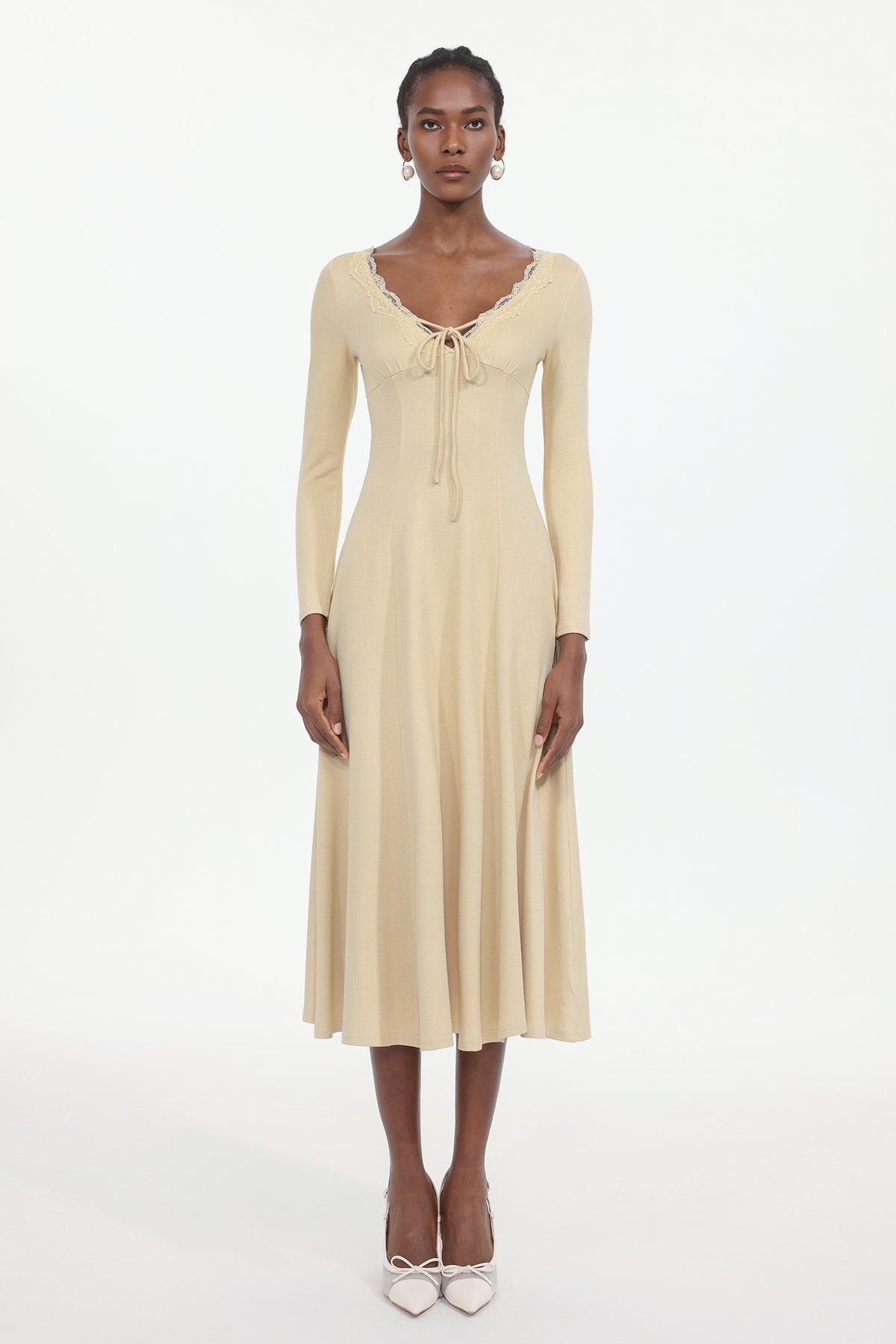 Winola Romantic Flowy Long Sleeve Bow Knit Maxi Dress