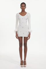 Moua Elegant Contour Long Sleeve Rhinestone Feather Knit White Mini Dress