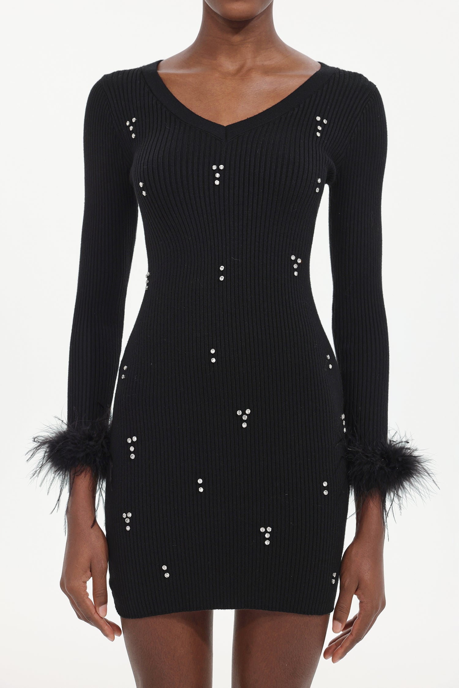 Moua Elegant Contour Long Sleeve Rhinestone Feather Knit Black Mini Dress