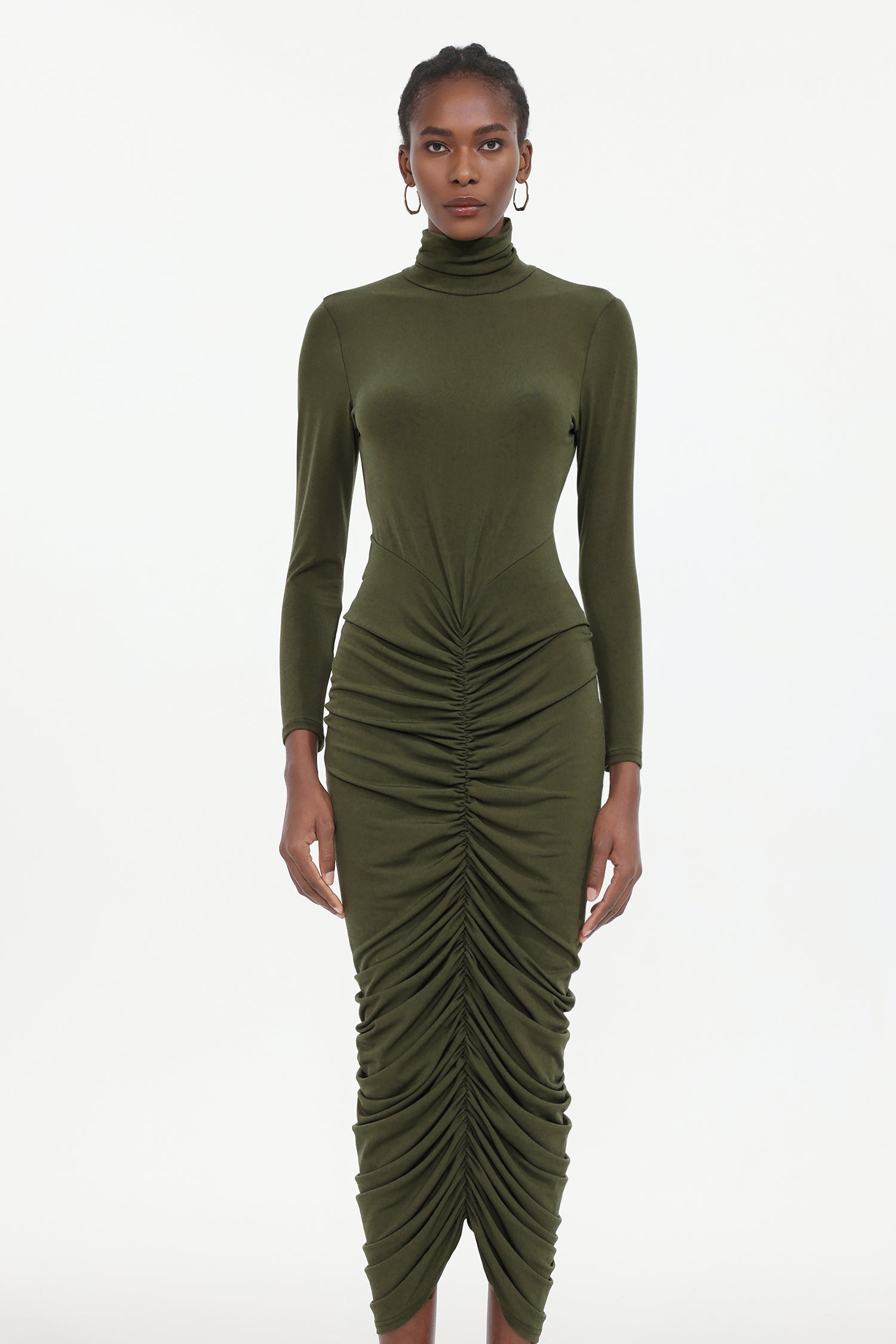 Tesare Elegant Contour Long Sleeve Ruched Knit Maxi Dress