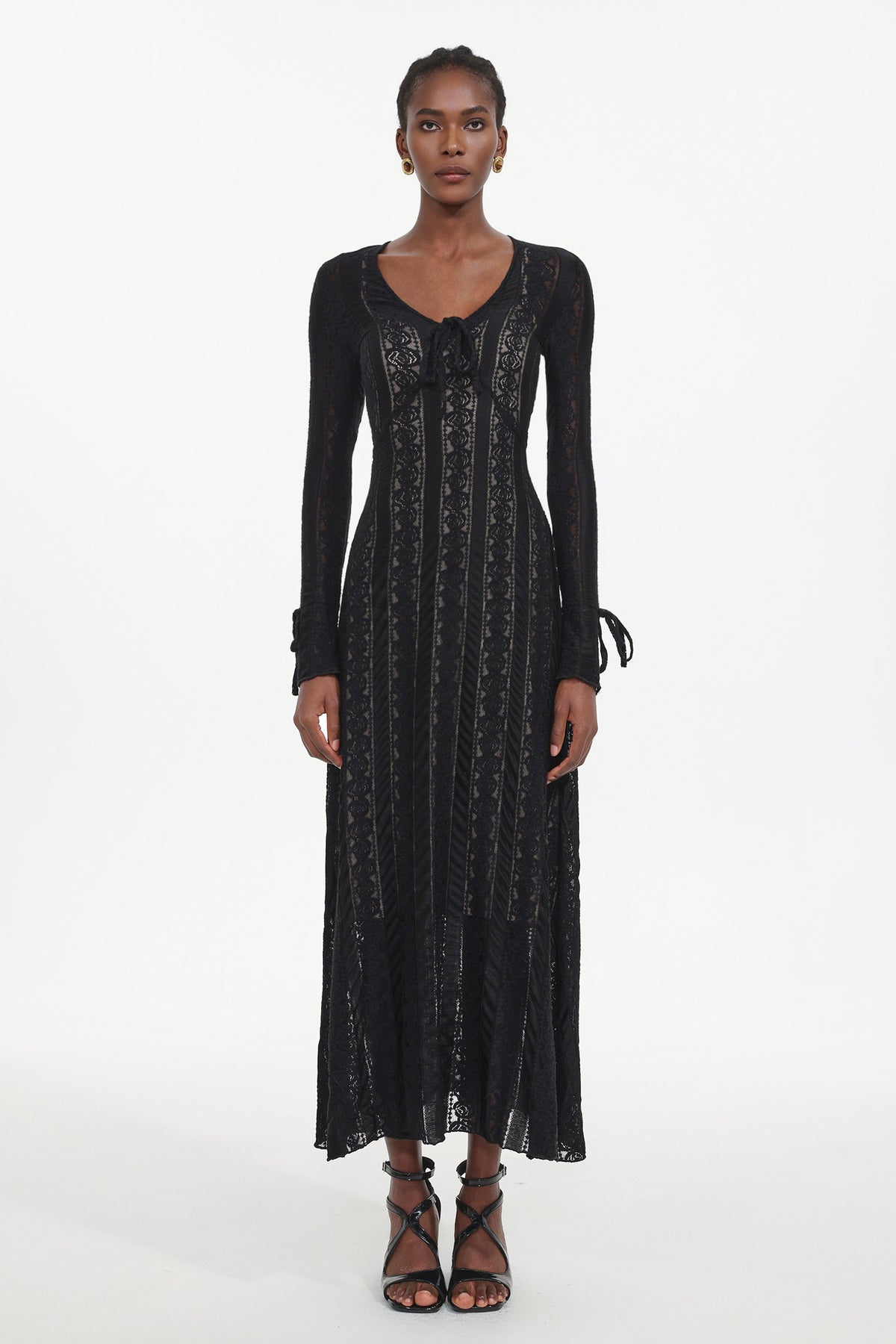 Katya Romantic Contour Long Sleeve Bow Lace Black Maxi Dress