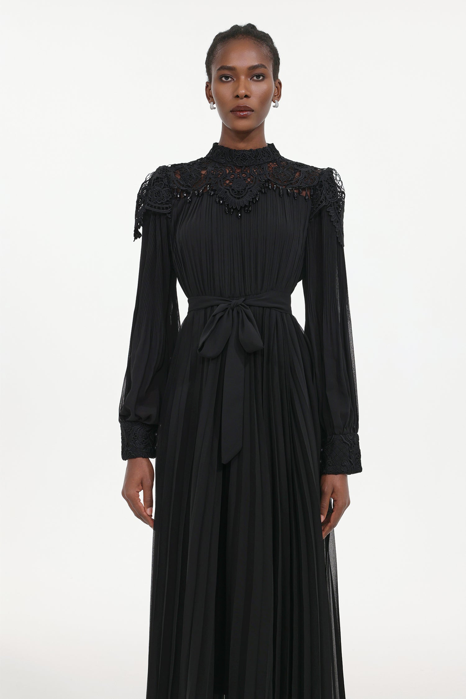 Larry Resort Flowy Long Sleeve Lace Pleated Woven Maxi Dress