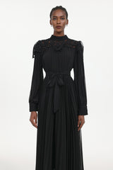 Larry Resort Flowy Long Sleeve Lace Pleated Woven Maxi Dress